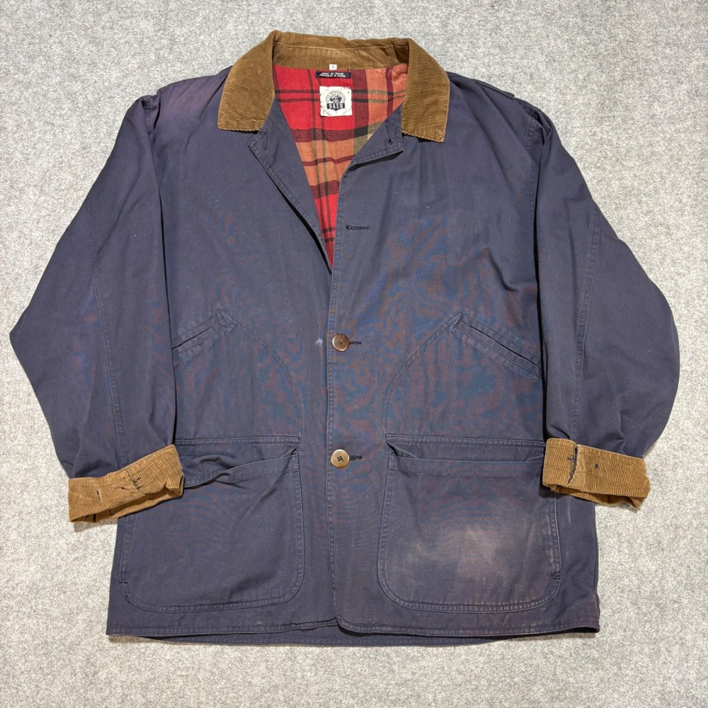 Vintage Dash Barn Jacket Navy Blue Corduroy Trim Plaid Lined Chore Coat Mens L